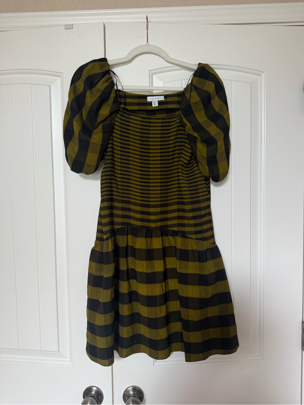 Topshop Green Black Buffalo Plaid Puff Sleeve Mini Dress US 2 UK 6